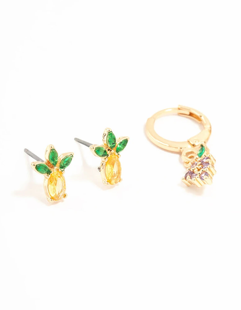 Gold Mixed Fruit Studs & Huggie Earrings 3-Pack