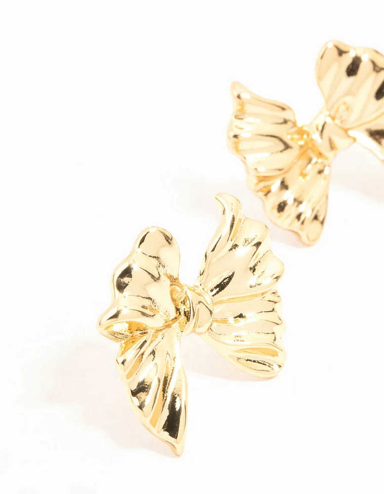 Real Gold Plated Ribbed Bow Earrings