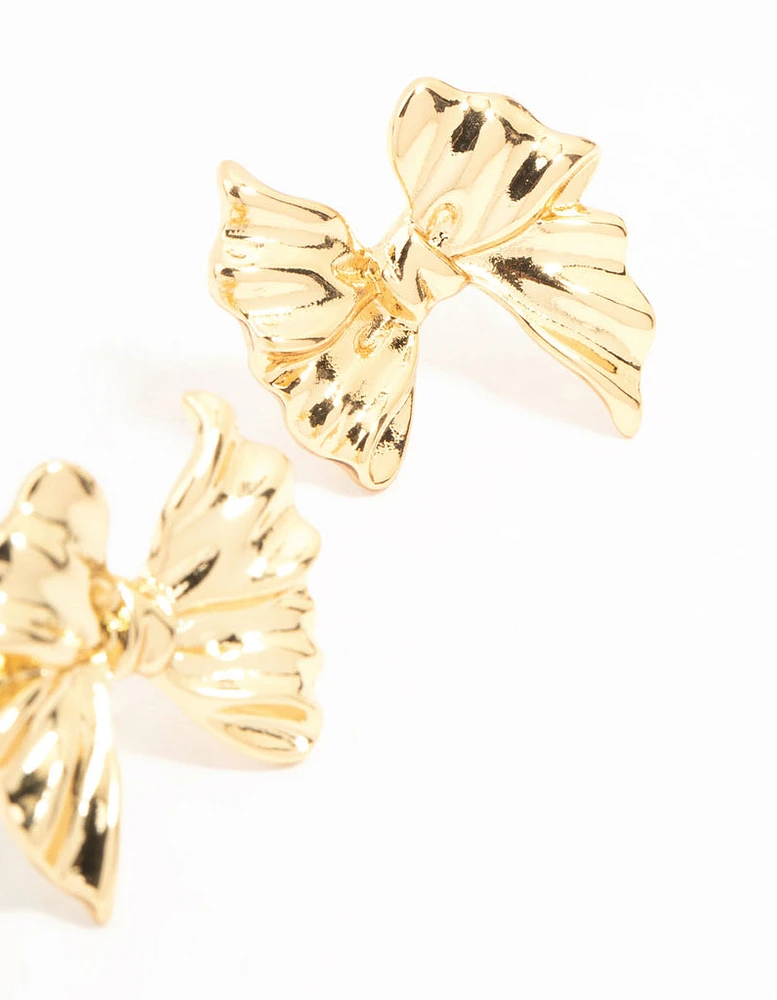 Gold Plated Ribbed Bow Earrings