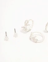 Silver Plated Pave Set Cubic Zirconia Bow Huggie & Stud Earrings 3-Pack