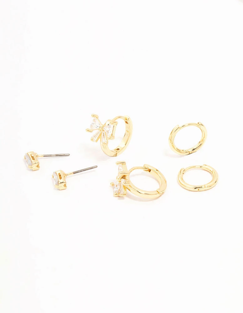 Real Gold Plated Baguette Cut Cubic Zirconia Bow Huggie Earrings 3-Pack