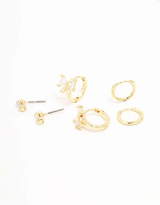 Real Gold Plated Baguette Cut Cubic Zirconia Bow Huggie Earrings 3-Pack