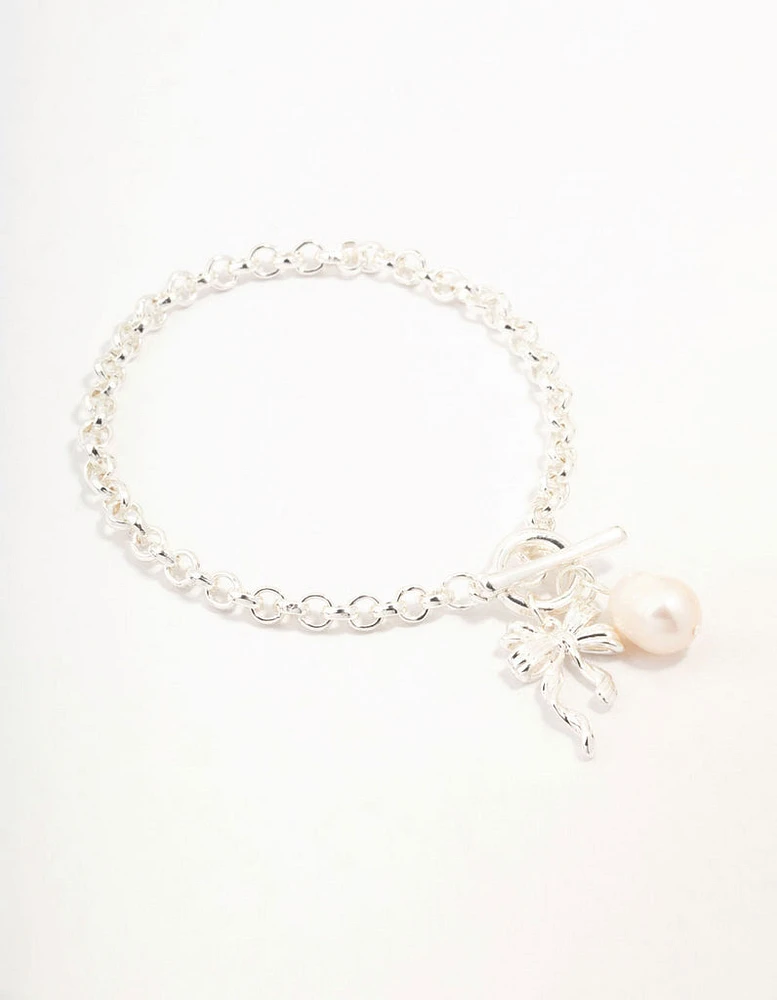 Silver Plated T & O Freshwater Pearl & Bow Charm Bracelet