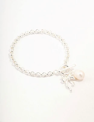 Silver Plated T & O Freshwater Pearl & Bow Charm Bracelet