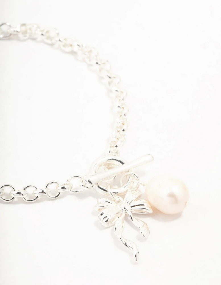 Silver Plated T & O Freshwater Pearl & Bow Charm Bracelet