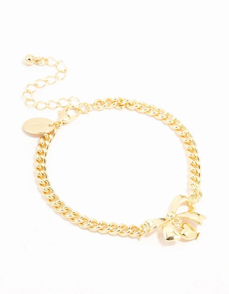 Real Gold Plated Bow With Heart Charm Toggle Bracelet