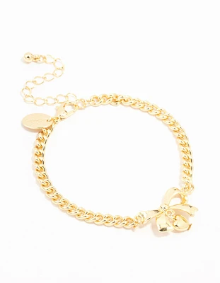 Real Gold Plated Bow With Heart Charm Toggle Bracelet