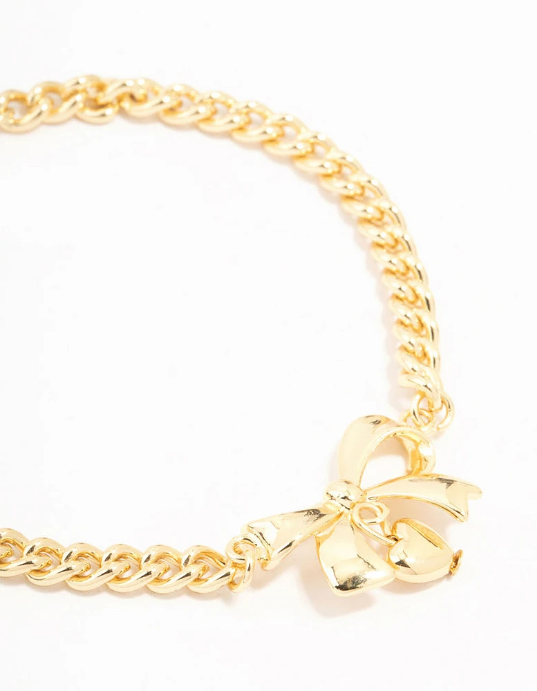 Real Gold Plated Bow With Heart Charm Toggle Bracelet