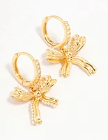 Real Gold Plated Freshwater Pearl Encrusted Bow Drop Huggie Earrings