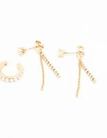 Gold Plated Brass Bow, Freshwater Pearl Cuff & Cubic Zirconia Cup Chain Earrings 3-Pack