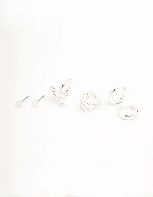 Silver Plated  Bow Huggie & Cubic Zirconia Stud Earrings 3-Pack