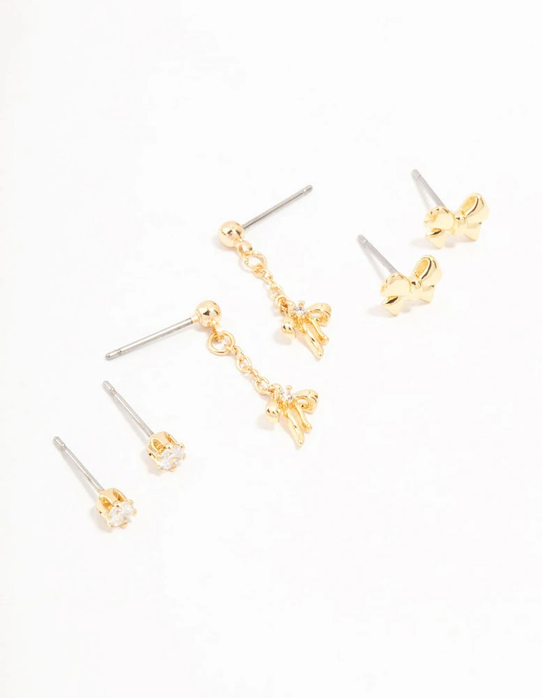 Real Gold  Plated Mini Cubic Zirconia Bow Drop Earrings 3-Pack