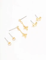 Gold Plated Mini Cubic Zirconia Bow Drop Earrings 3-Pack