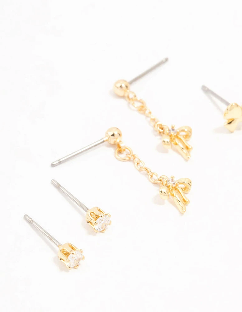 Real Gold  Plated Mini Cubic Zirconia Bow Drop Earrings 3-Pack