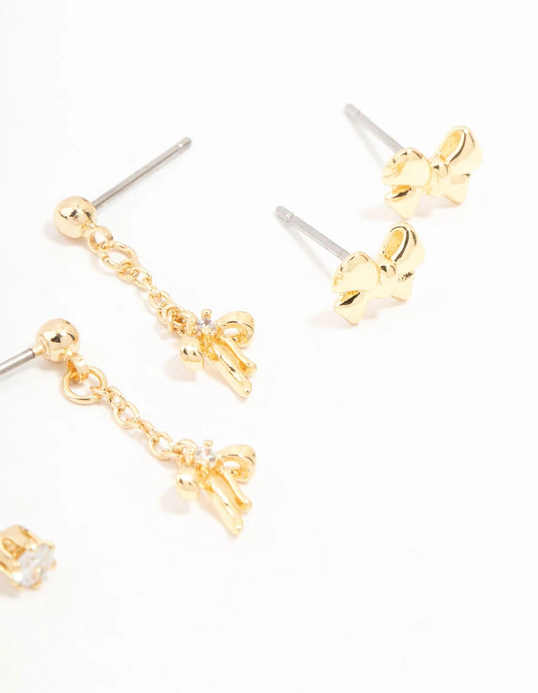 Real Gold  Plated Mini Cubic Zirconia Bow Drop Earrings 3-Pack