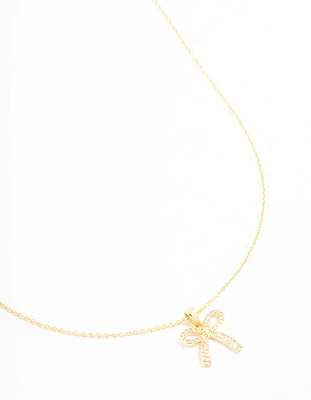 Real Gold Plated Pave Set Cubic Zirconia Bow Necklace