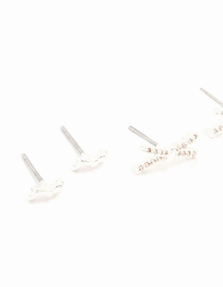 Silver Plated Graduating Pave Set Cubic Zirconia Bow Earrings 3-Pack