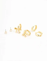 Gold Plated Brass Bow Drop & Cubic Zirconia Huggie & Stud Earrings 3-Pack