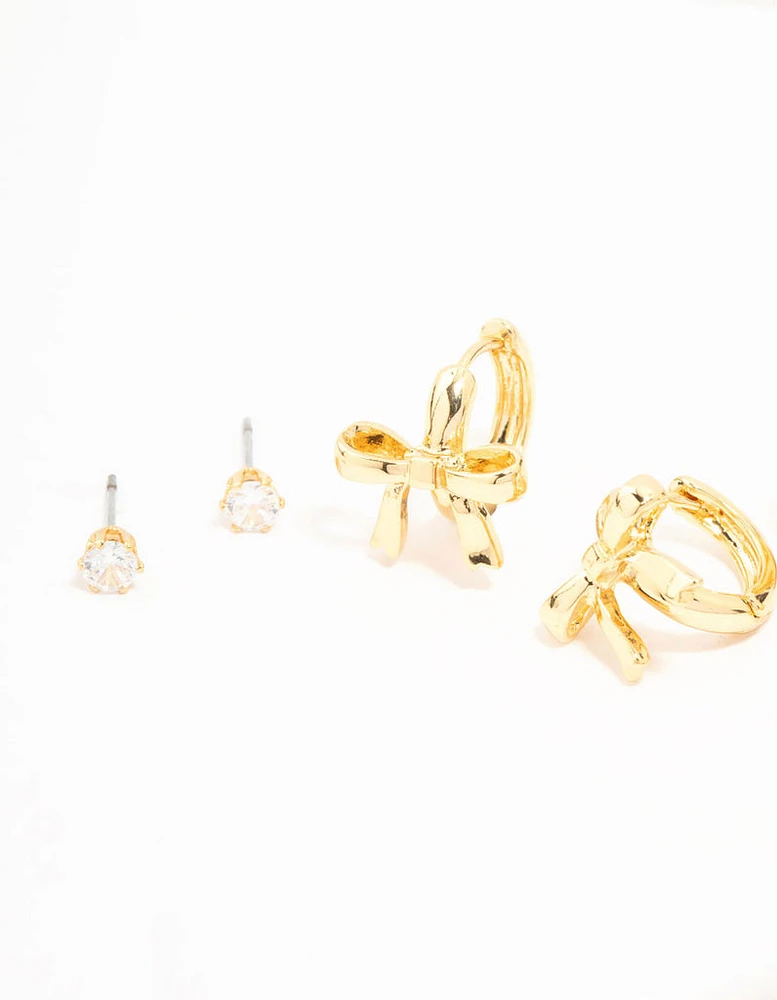 Gold Plated Brass Bow Drop & Cubic Zirconia Huggie & Stud Earrings 3-Pack