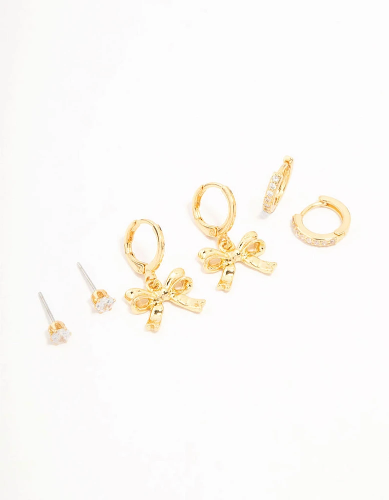 Real Gold Plated Bow Drop & Cubic Zirconia Huggie & Stud Earrings 3-Pack