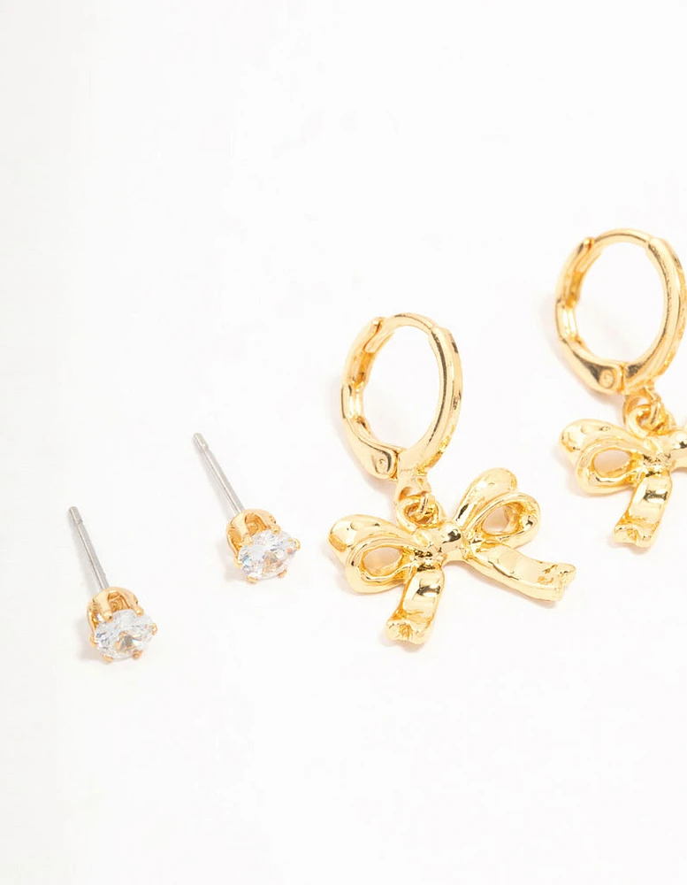 Real Gold Plated Bow Drop & Cubic Zirconia Huggie & Stud Earrings 3-Pack