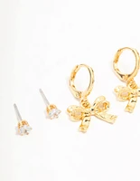 Real Gold Plated Bow Drop & Cubic Zirconia Huggie & Stud Earrings 3-Pack