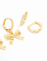 Real Gold Plated Bow Drop & Cubic Zirconia Huggie & Stud Earrings 3-Pack