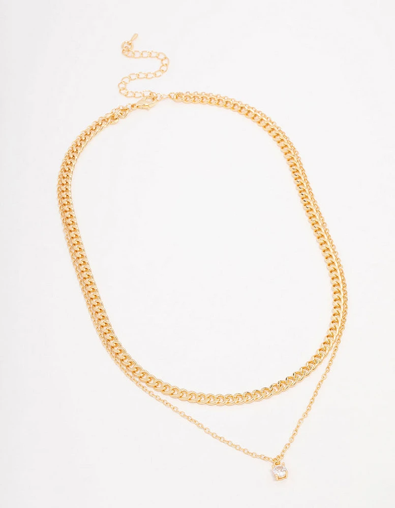 Gold Plated Diamante Curb Chain Layered Necklace