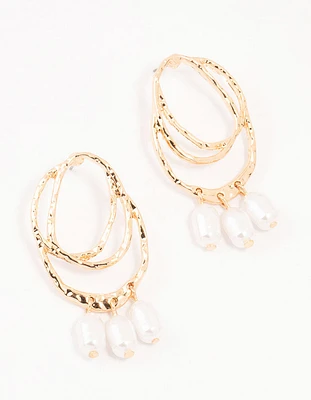 Gold Textured Oval Pearl Drop Earrings