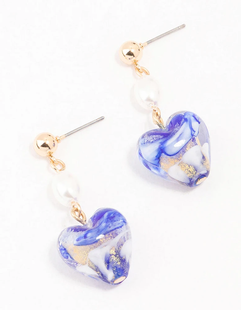 Gold Blue Swirl Heart Drop Earrings