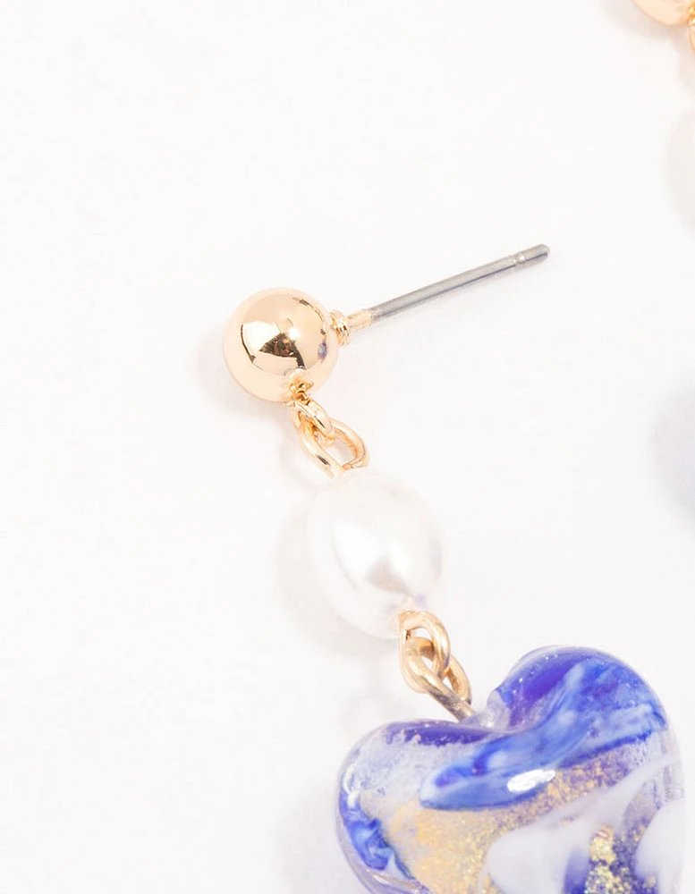 Gold Blue Swirl Heart Drop Earrings