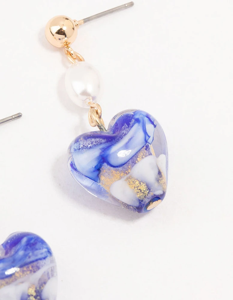 Gold Blue Swirl Heart Drop Earrings