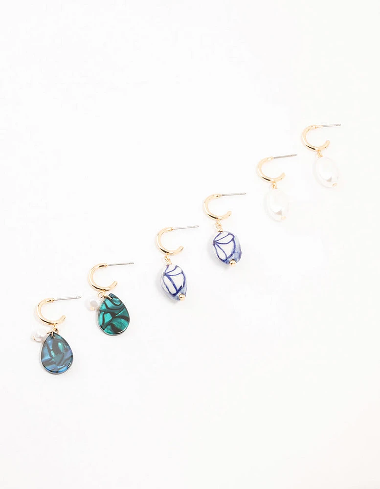 Blue Bead & Pearl Dangle Earrings 3-Pack