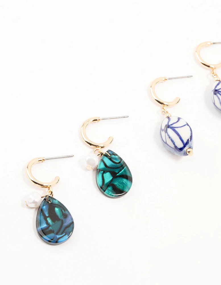 Blue Bead & Pearl Dangle Earrings 3-Pack