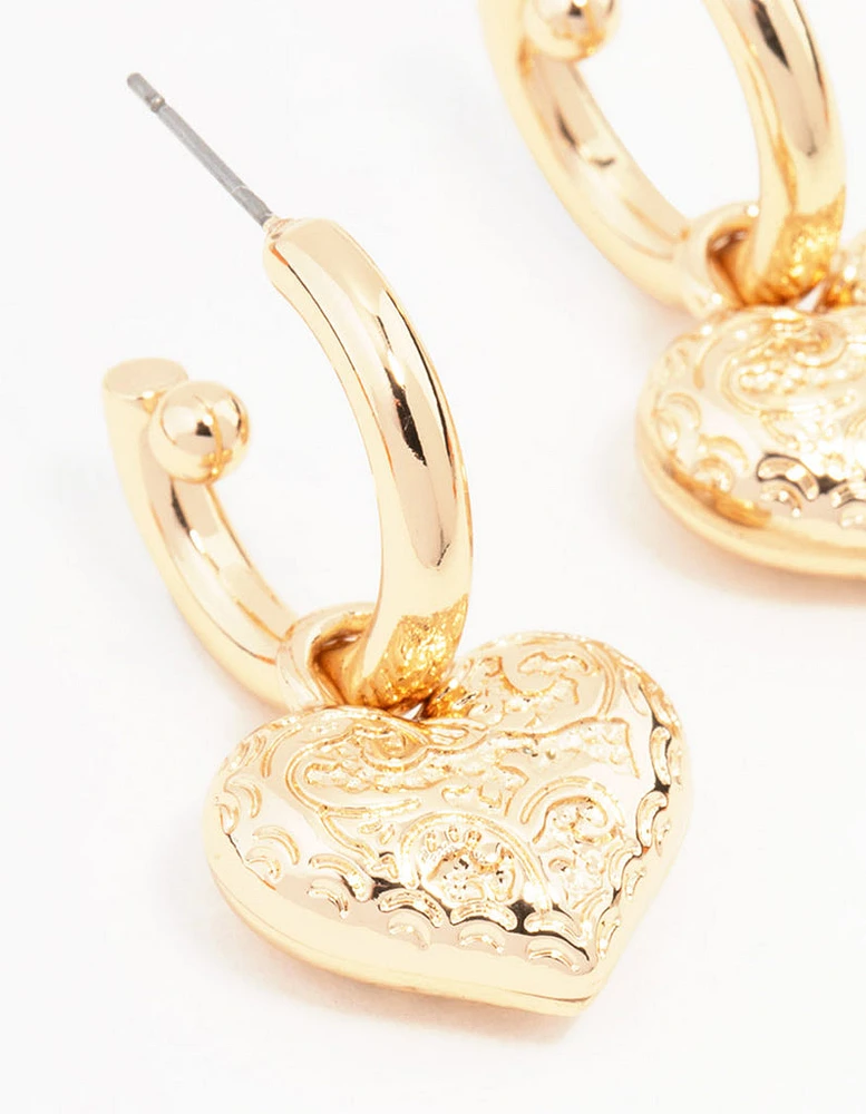 Gold Heart Drop Hoop Earrings