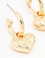 Gold Heart Drop Hoop Earrings