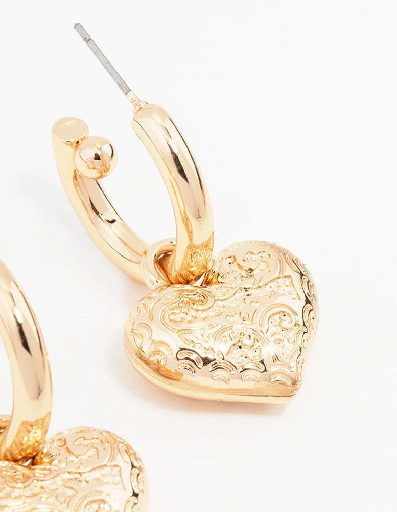 Gold Heart Drop Hoop Earrings