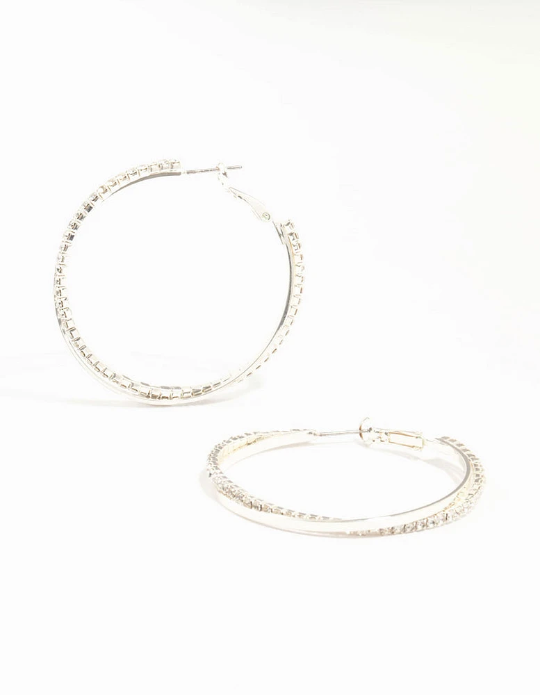 Silver Smooth Cup Chain Diamante Hoop Earrings