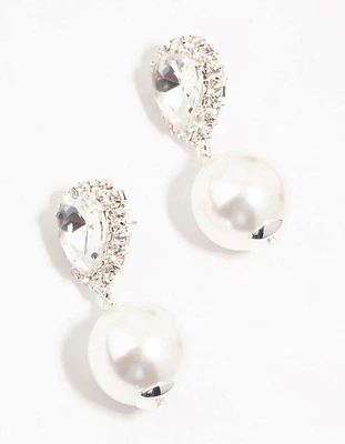 Silver Diamante & Pearl Drop Earrings