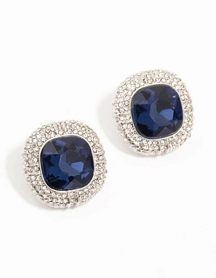 Silver Large Blue Diamante Stud Earrings