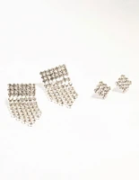 Silver Diamante Square Cup Chain Stud Earrings 2-Pack