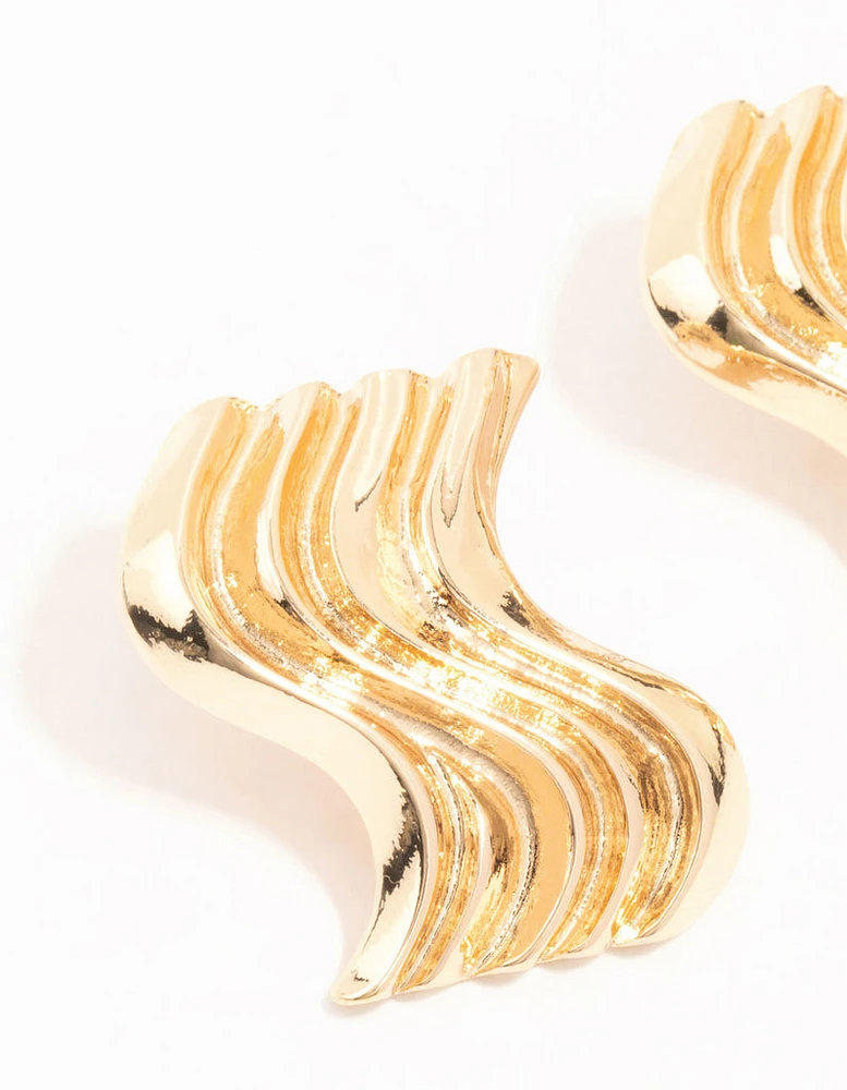 Gold Ribbed Wave Stud Earrings