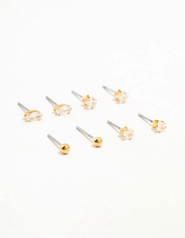 Gold Plated Brass Star & Marquise Cubic Zirconia Earrings 4-Pack