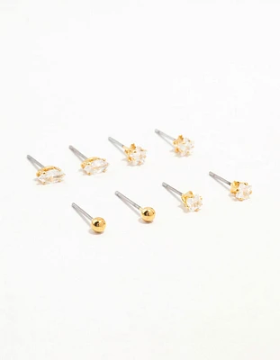 Real Gold Plated Star Marquise Cubic Zirconia & Ball Earrings 4-Pack