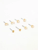 Gold Plated Brass Star & Marquise Cubic Zirconia Earrings 4-Pack