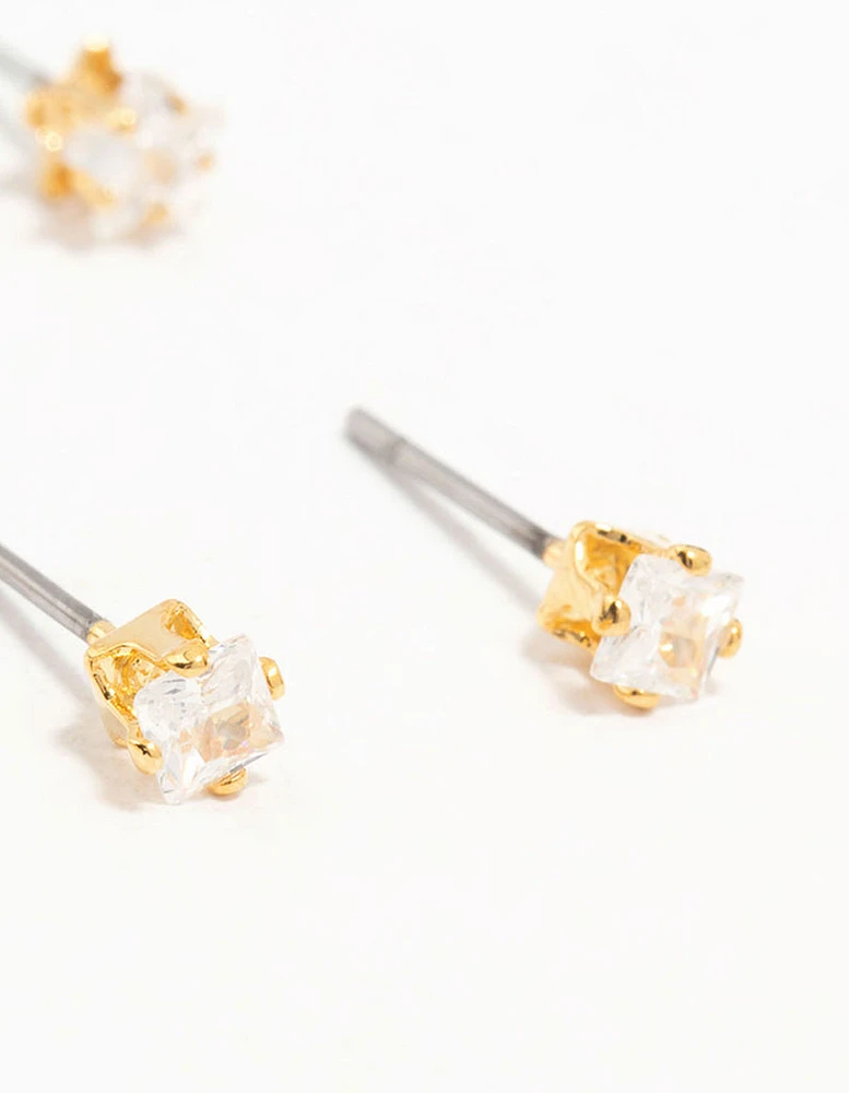 Gold Plated Brass Star & Marquise Cubic Zirconia Earrings 4-Pack