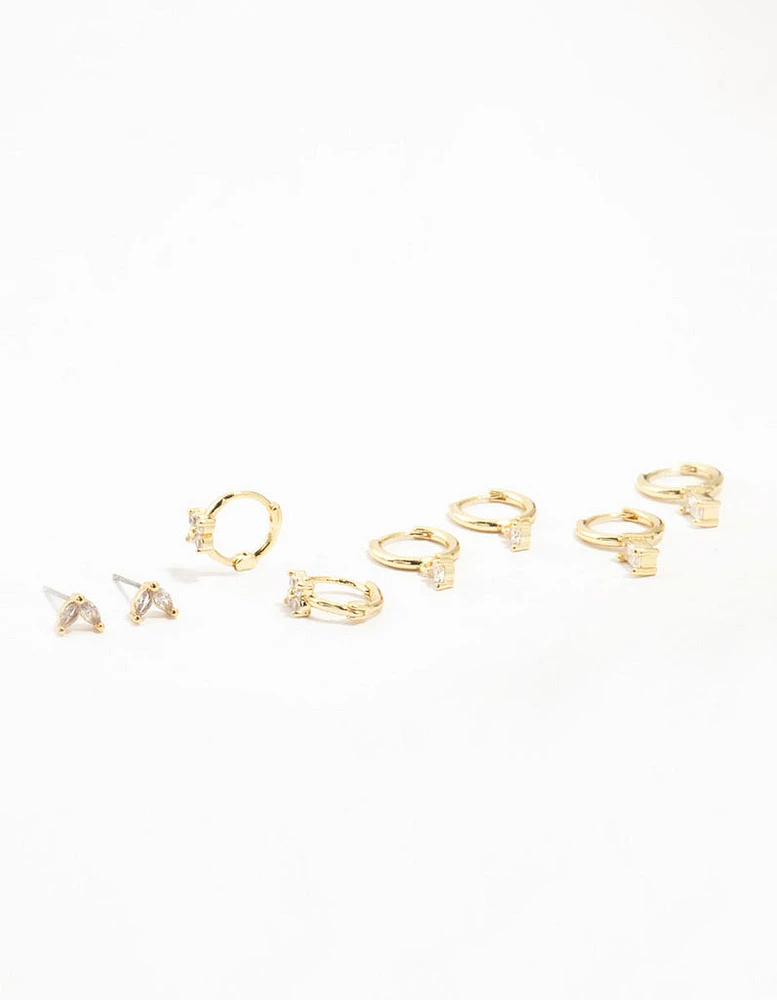 Gold Plated Brass  Brass Cubic Zirconia Hoop Earrings 4-Pack