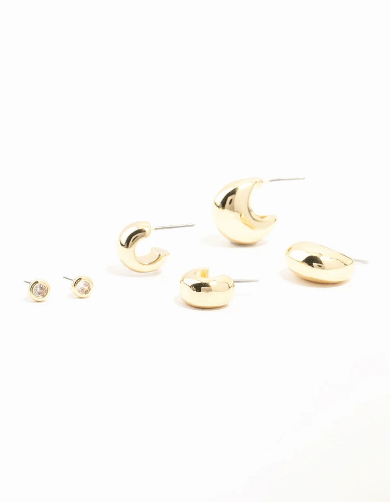 Gold Plated Chunky Hoop & Cubic Zirconia Stud Earrings 3-Pack