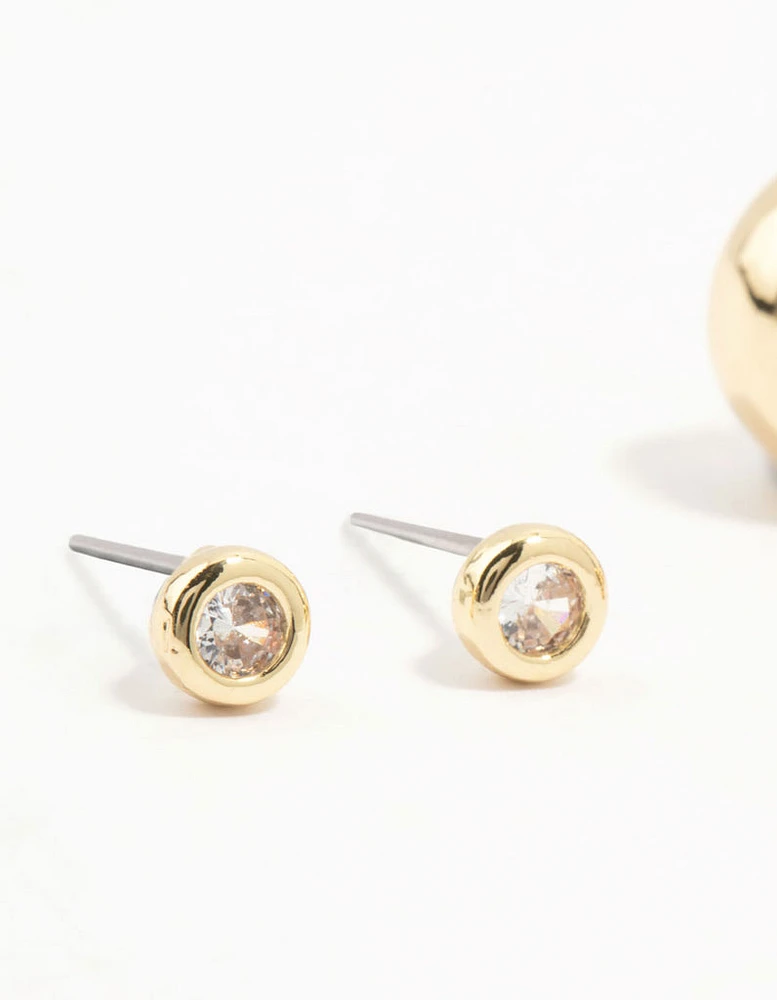 Gold Plated Chunky Hoop & Cubic Zirconia Stud Earrings 3-Pack