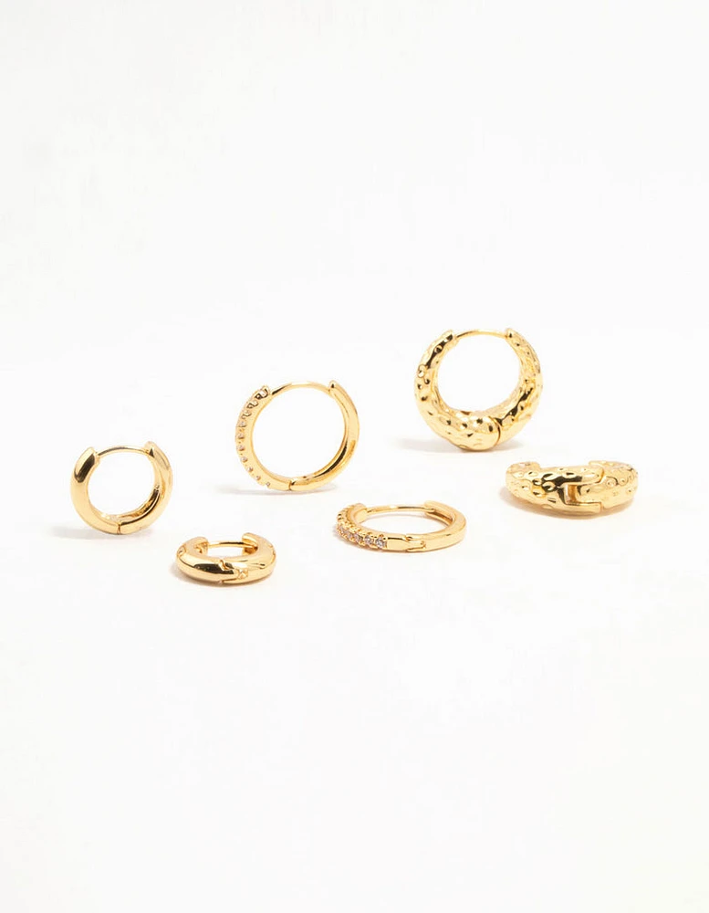 Gold Plated Brass Organic & Cubic Zirconia Clicker Earrings 3-Pack